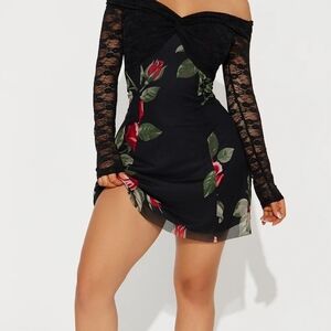 Fashion Nova Black Floral Off-Shoulder Dress